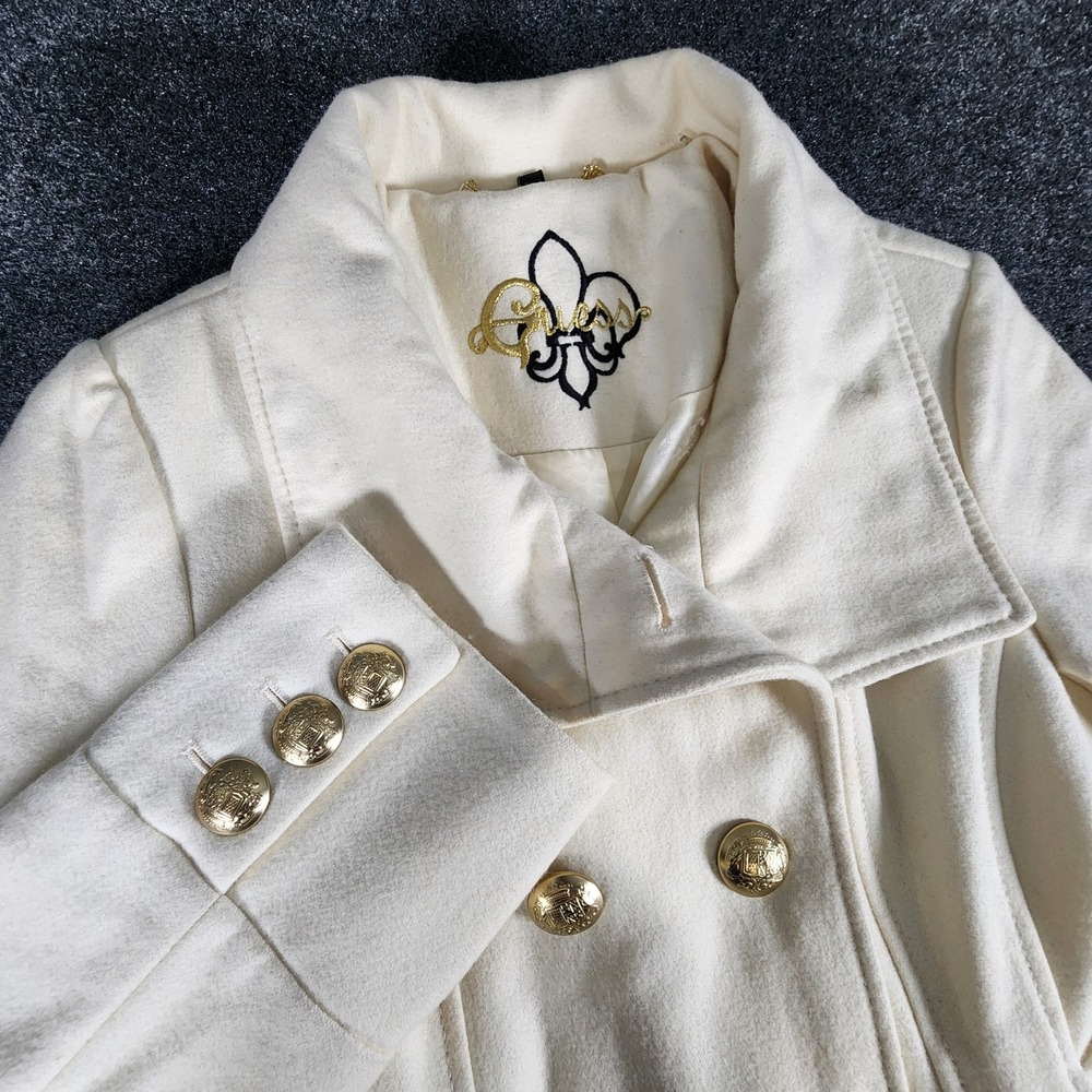 GUESS Wool Cream Gold Buttons Pea Coat Women's Small With Waist Belt Formal - Picture 2 of 12